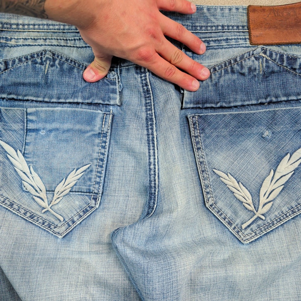 Akoo Y2K Streetwear Distressed Straight Leg Jeans 38 Blue Cotton Studded Wing - Picture 10 of 16